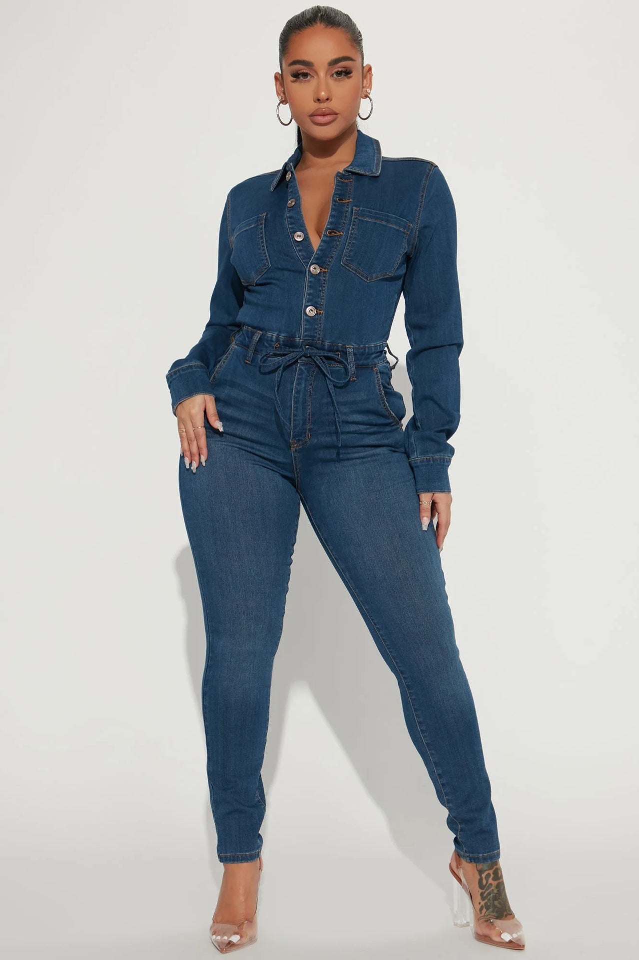 Long Sleeve High Elasticity Denim Jumpsuit