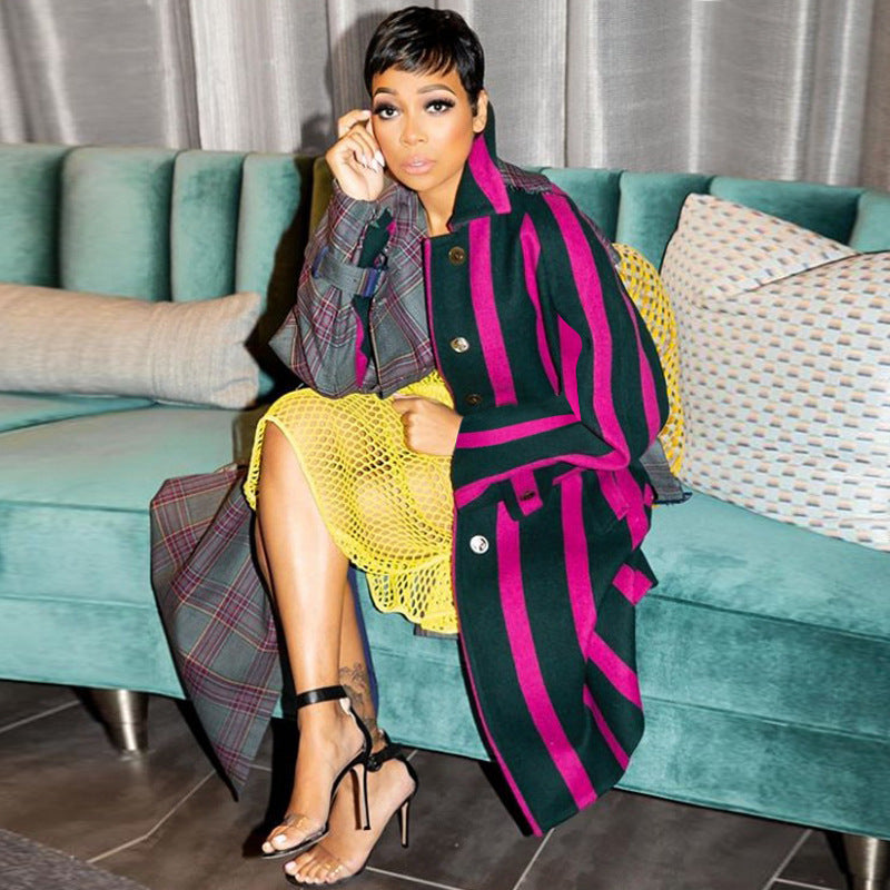 Woolen Striped Checkered Loose Multicolor Overcoat