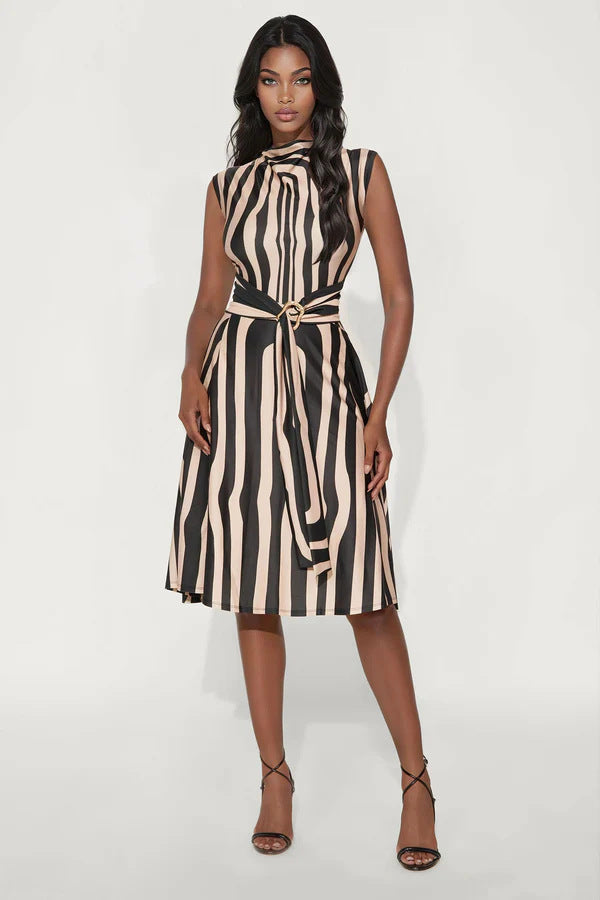 Collar Striped Printed Sleeveless Midi Dress