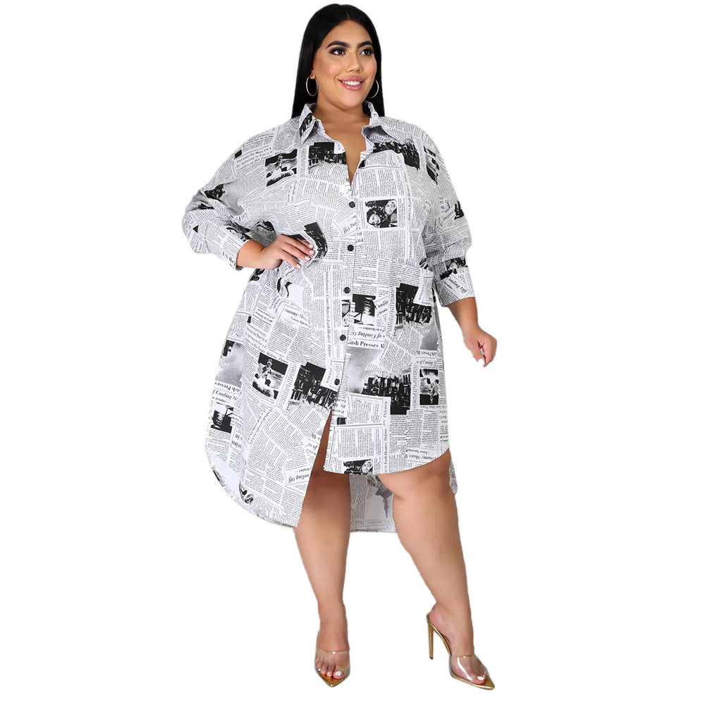 Collared Newspaper Printing Shirt Dress