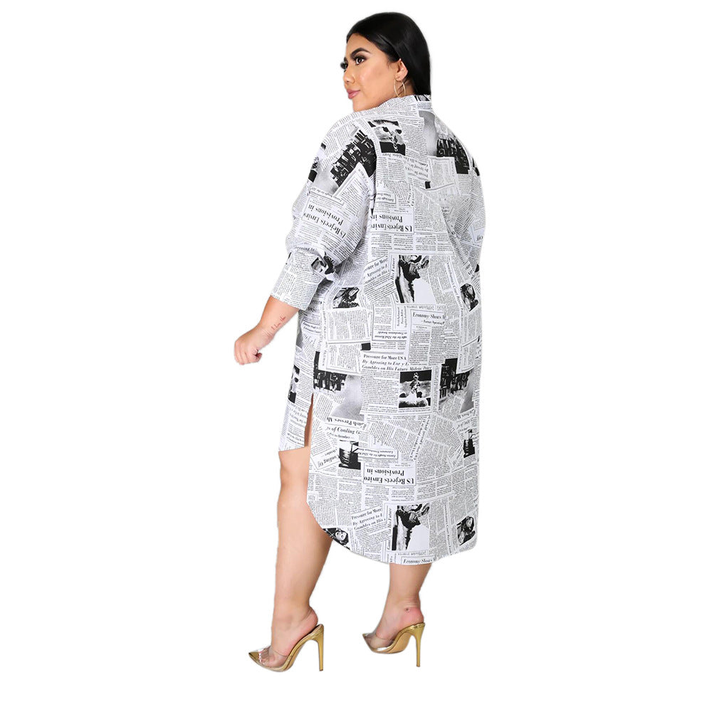 Collared Newspaper Printing Shirt Dress