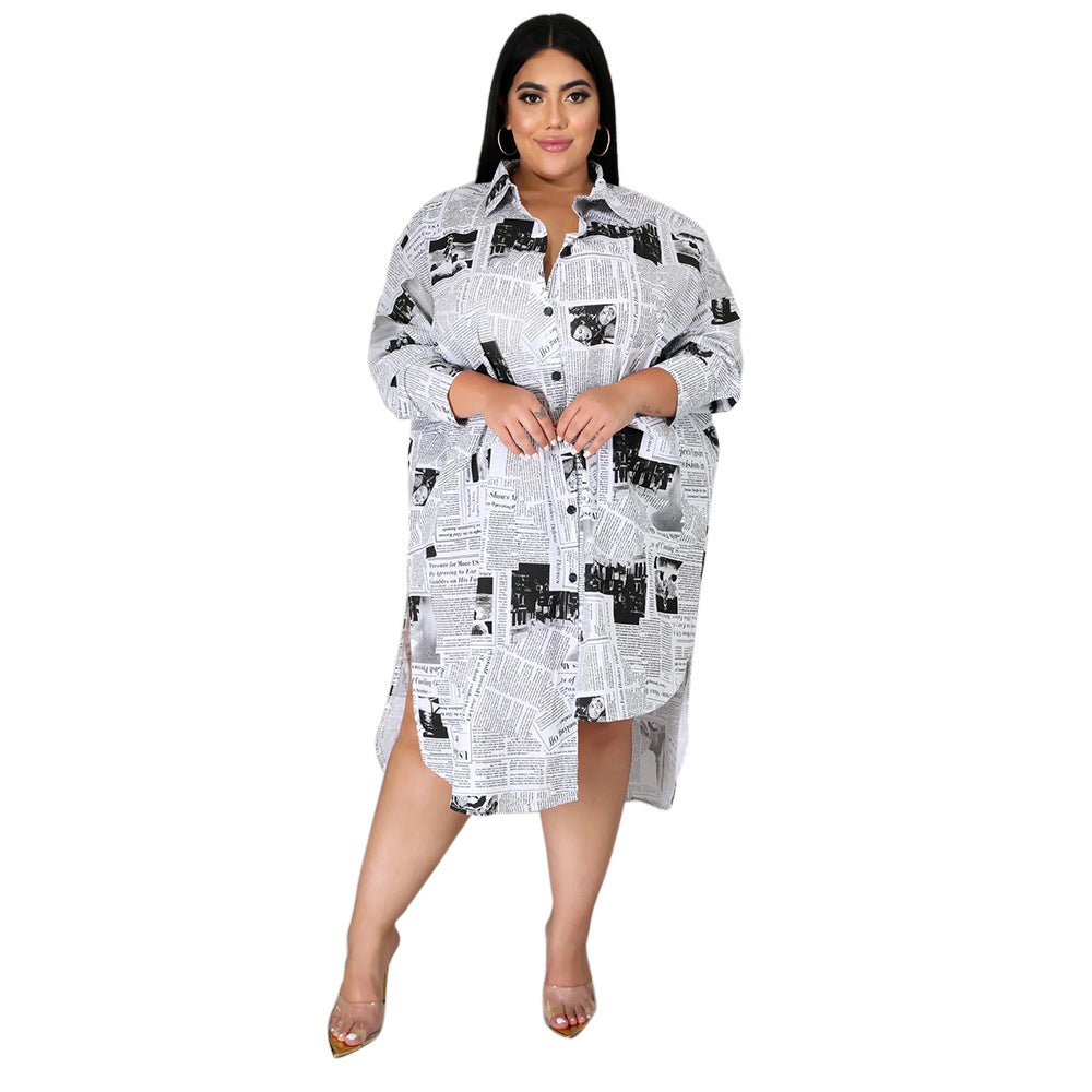 Collared Newspaper Printing Shirt Dress