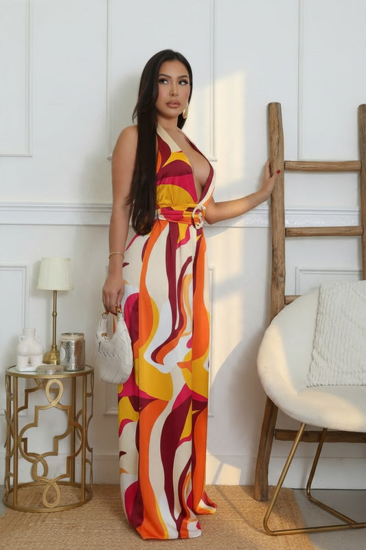 Sleeveless Deep V Plunge Wide Leg Jumpsuit