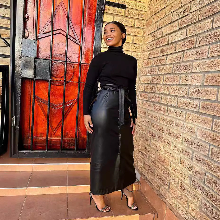 Mid-Length Black Faux Leather Skirt