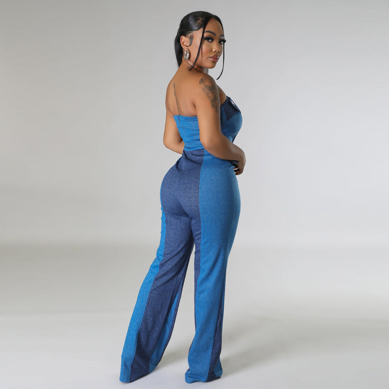 Patchwork Tube Top Denim Jumpsuit
