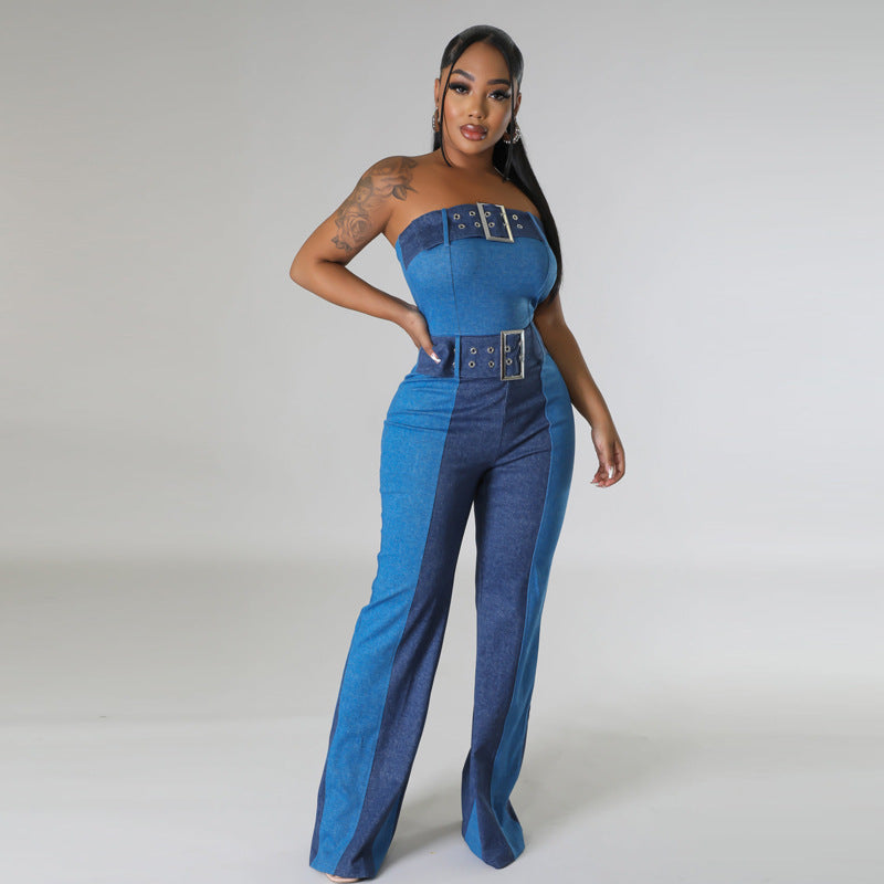 Patchwork Tube Top Denim Jumpsuit