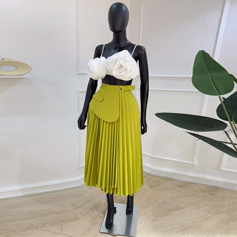 High Waist Pleated Mid Length A line Skirt