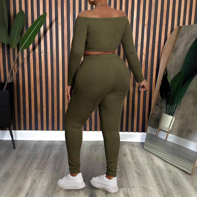 Off Shoulder Long Sleeve Blouse Pants Set