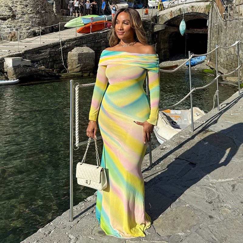 Off Shoulder Multicolor Printing Dress