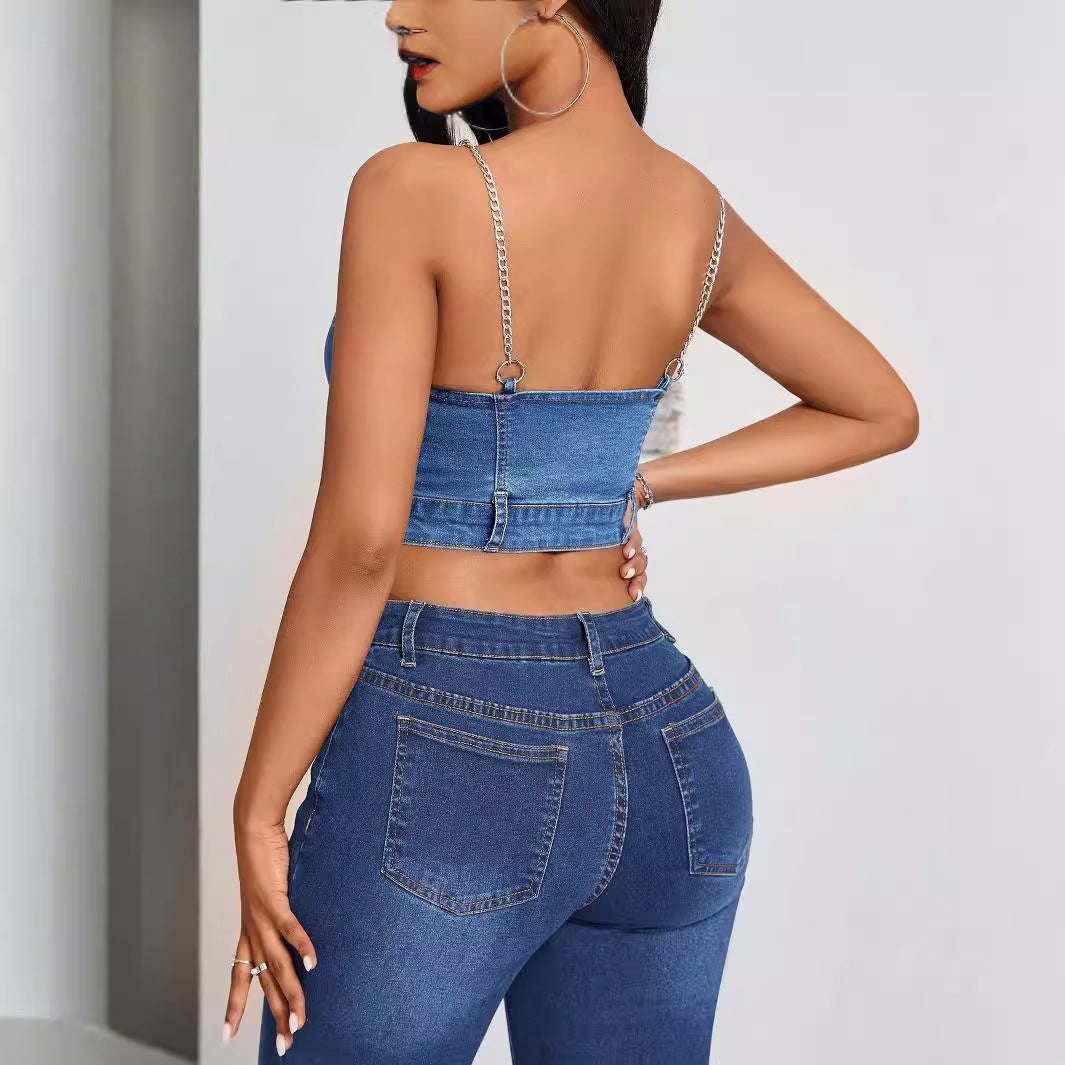 Deep V Plunge neck Backless Denim Camisole