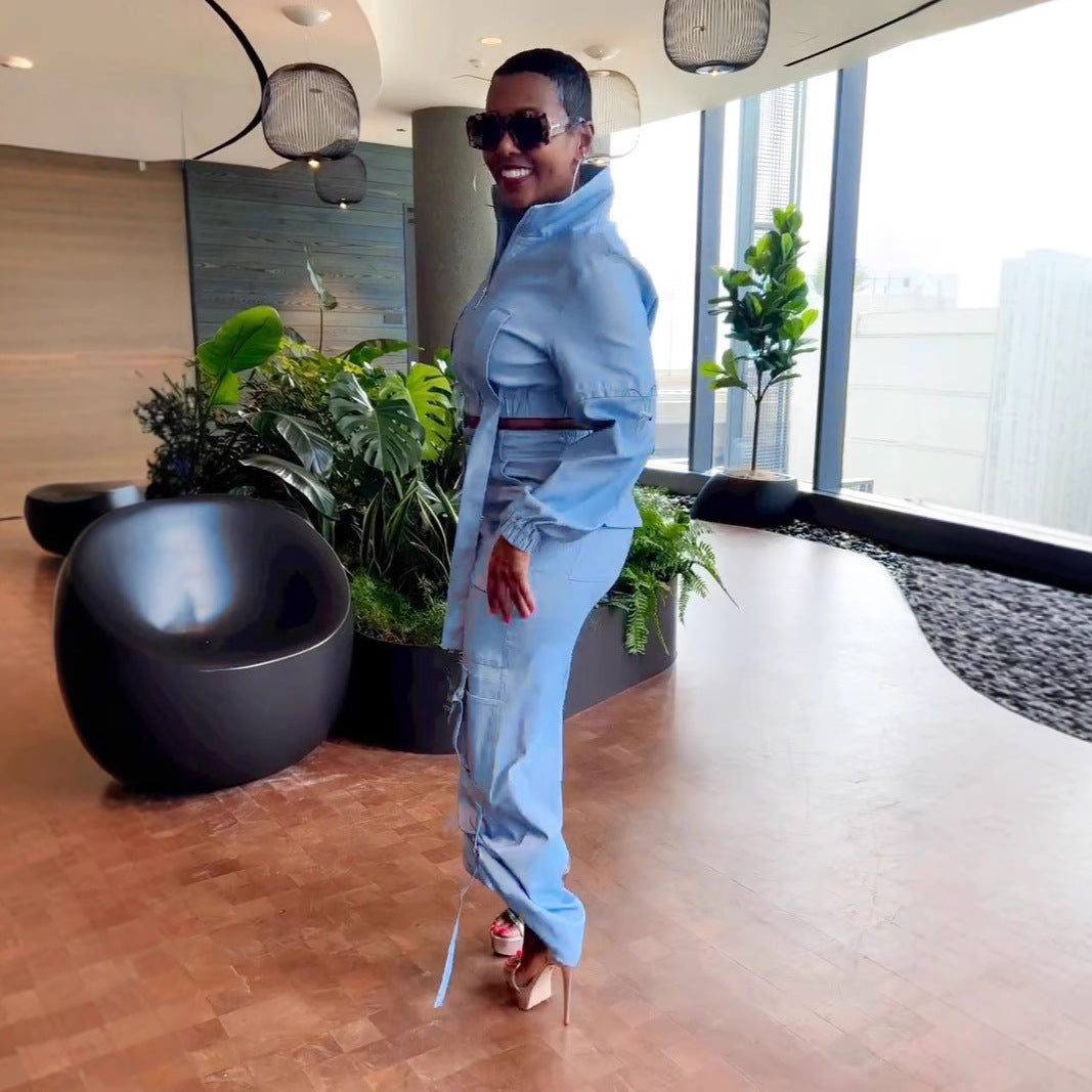 Multi Pocket Long Sleeve Pleating Two Piece Set