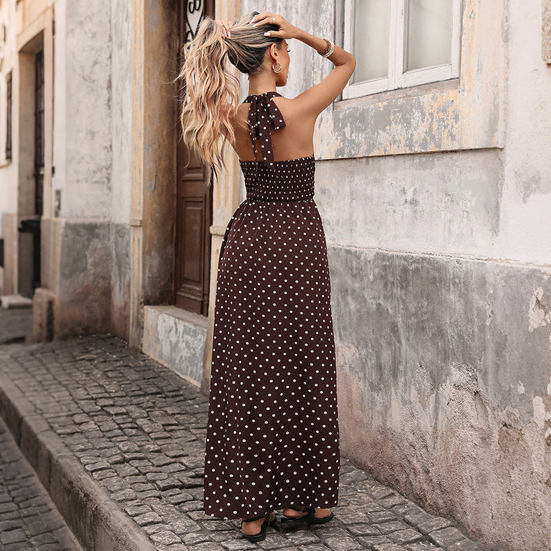 Sexy Retro Vacation Maxi Dress V neck Halter Polka Dot Dress