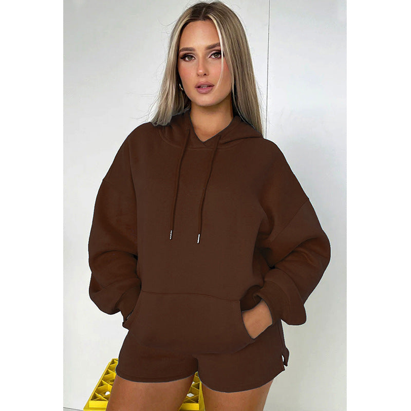 Fleece Hooded Long Sleeve Sweater Casual Short Suit