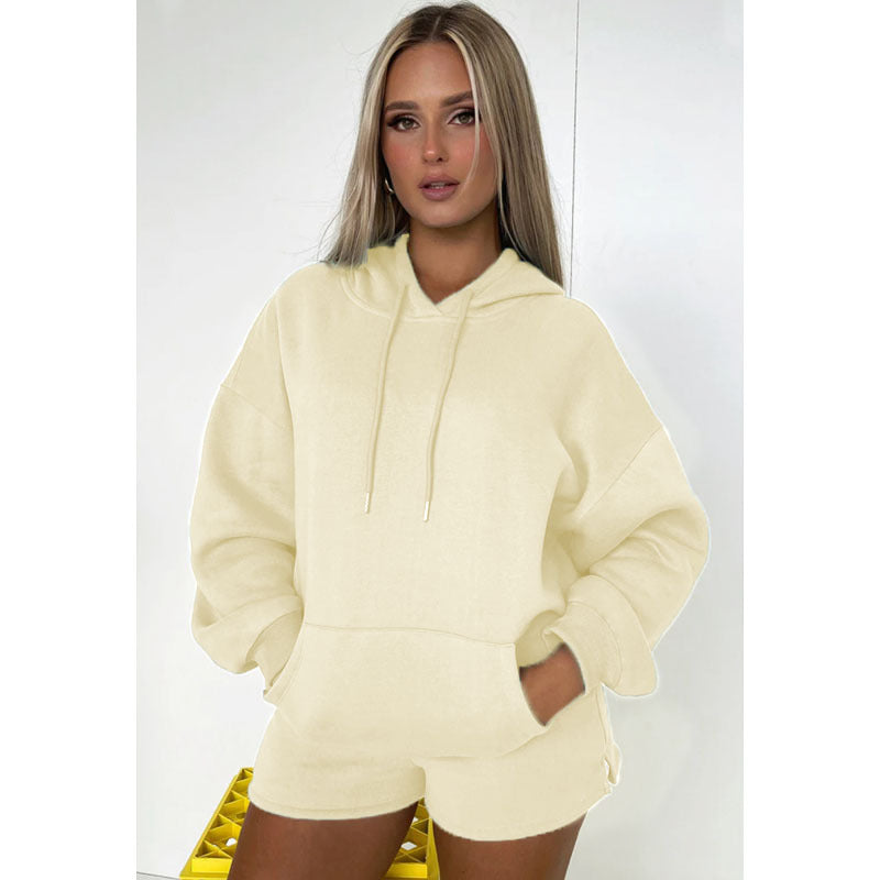 Fleece Hooded Long Sleeve Sweater Casual Short Suit