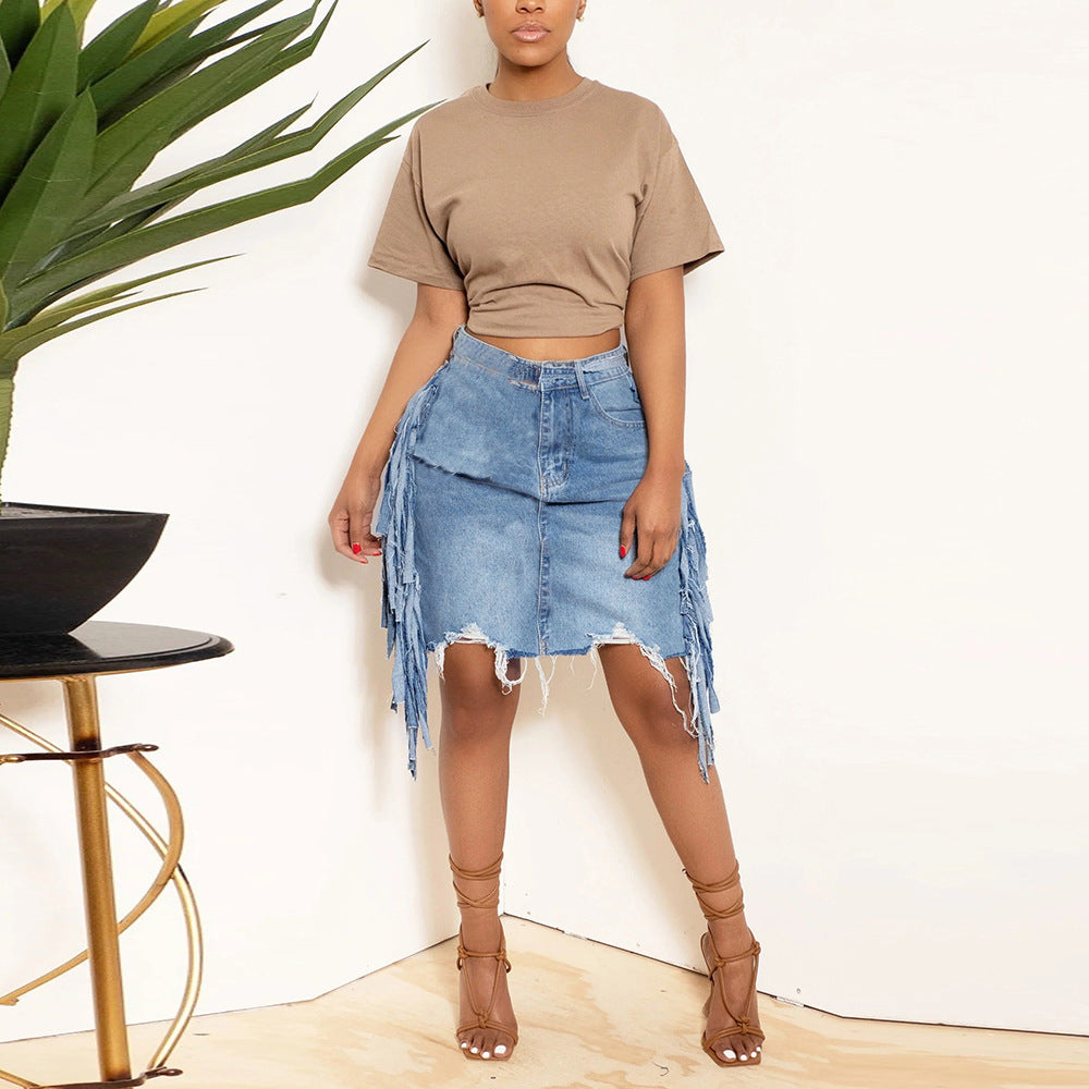 Denim Washed Tassel Tatted Skirt