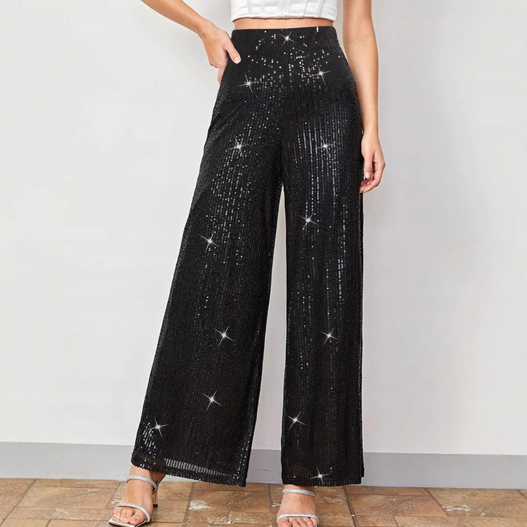 Sequined High Waist Straight Wide Leg Pants