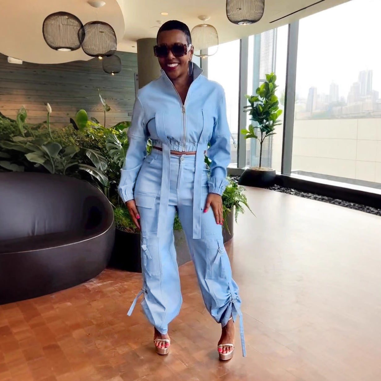 Multi Pocket Long Sleeve Pleating Two Piece Set