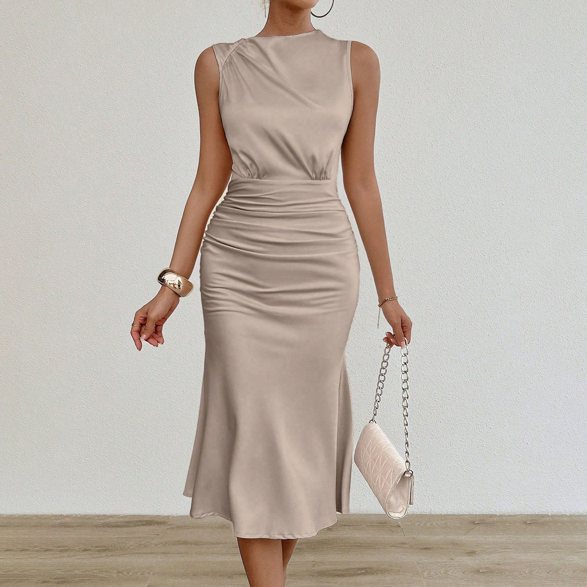 Satin Pleated Midi Dress