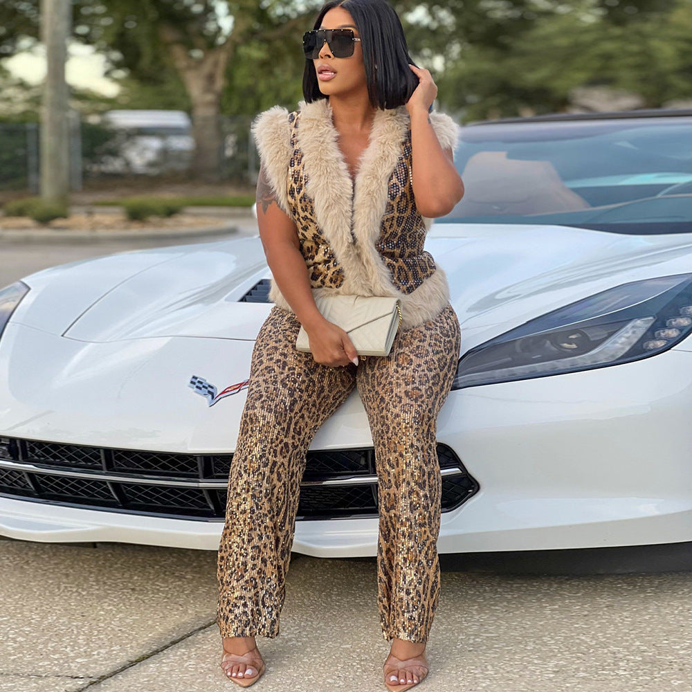 Leopard Print Sequined Wool Top Sleeveless Two Piece Set