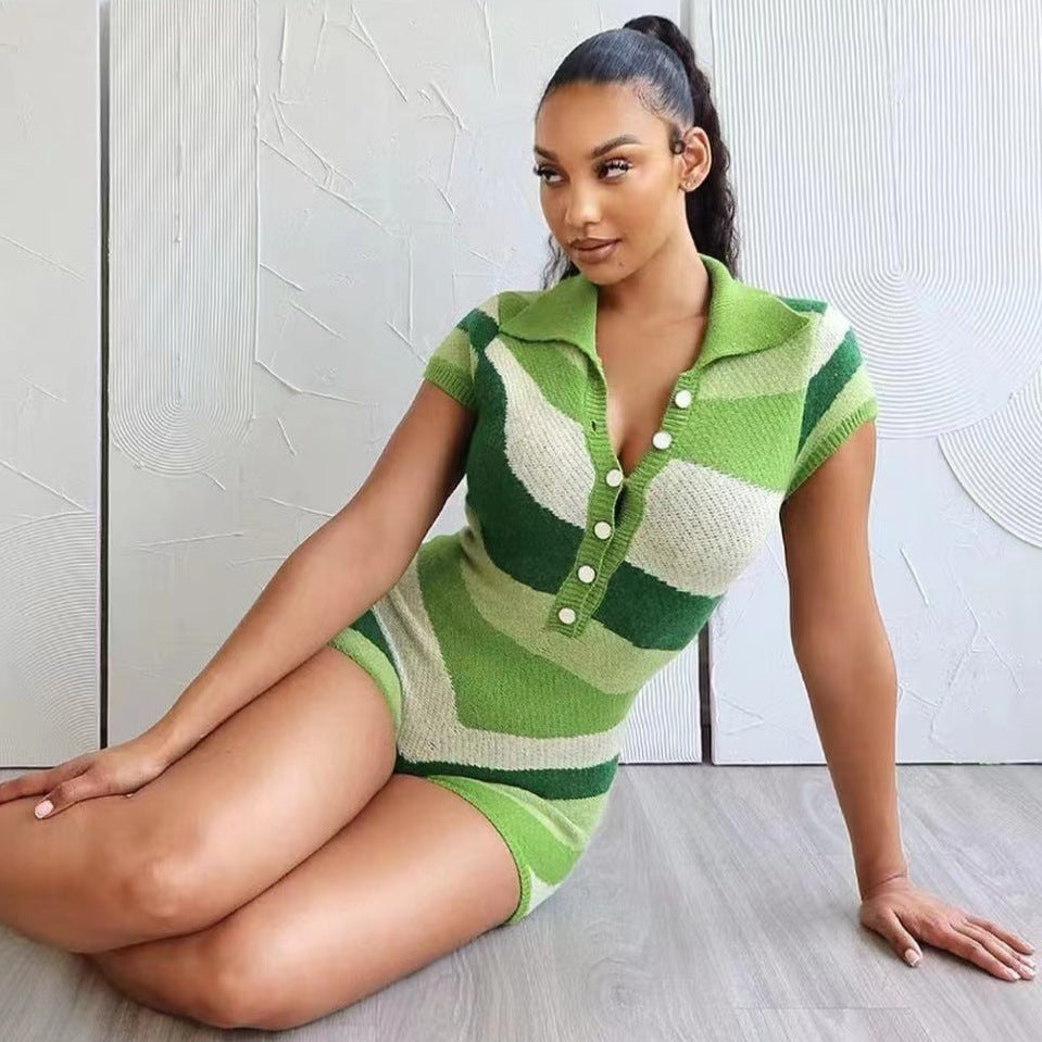 Knitted Color Contrast Romper