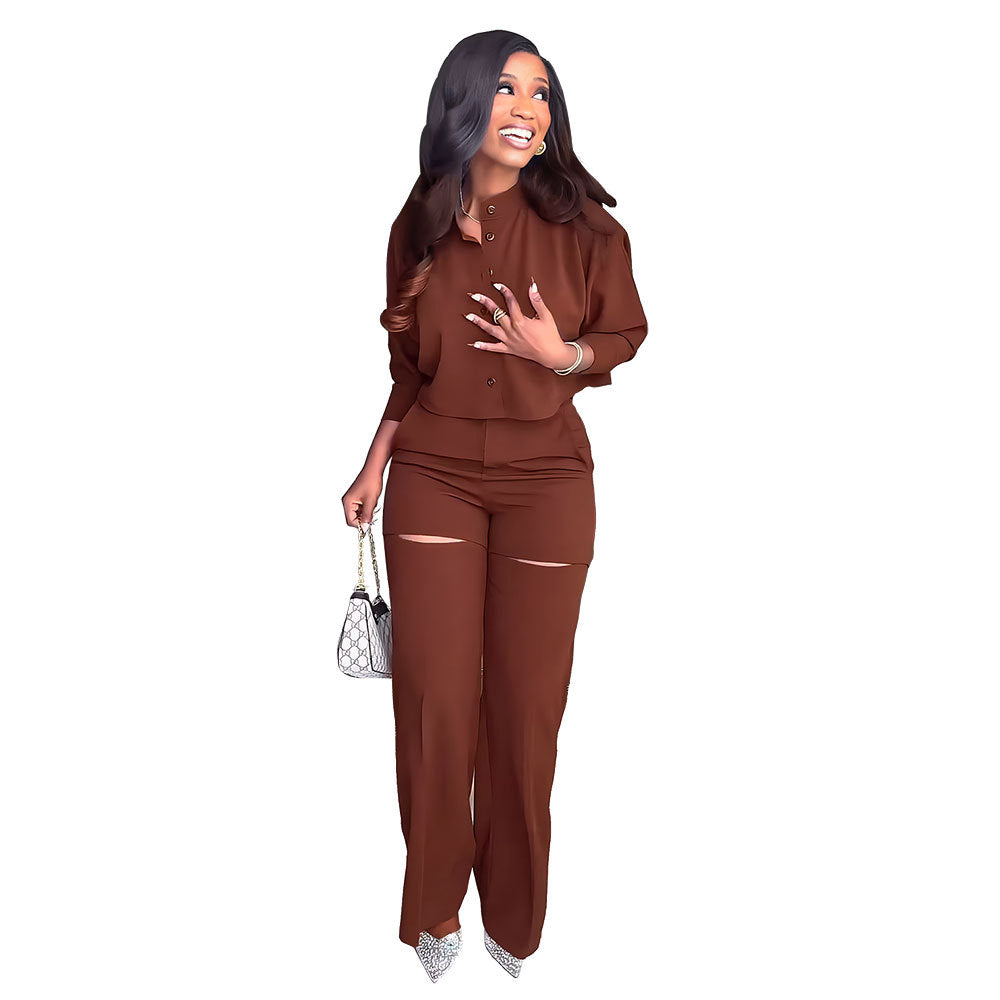 Cardigan Top High Waist Trousers Two Piece Suit