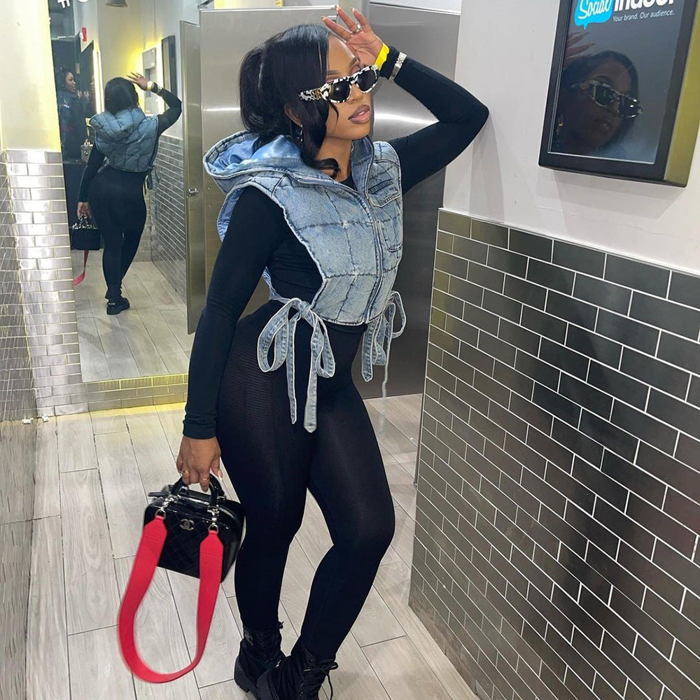 Denim Quilted Washed Hooded Vest