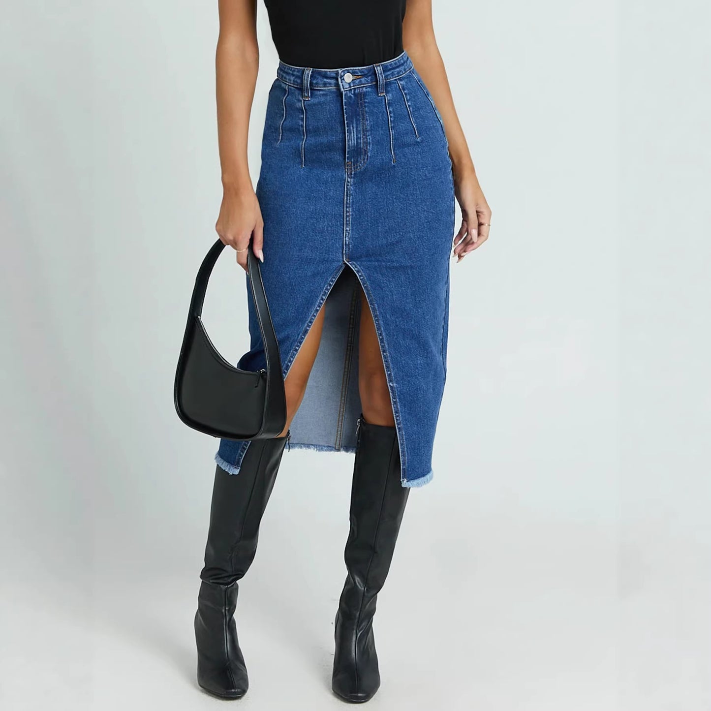 Women Front Slit Elegant Stretch Provincial Design Denim Skirt