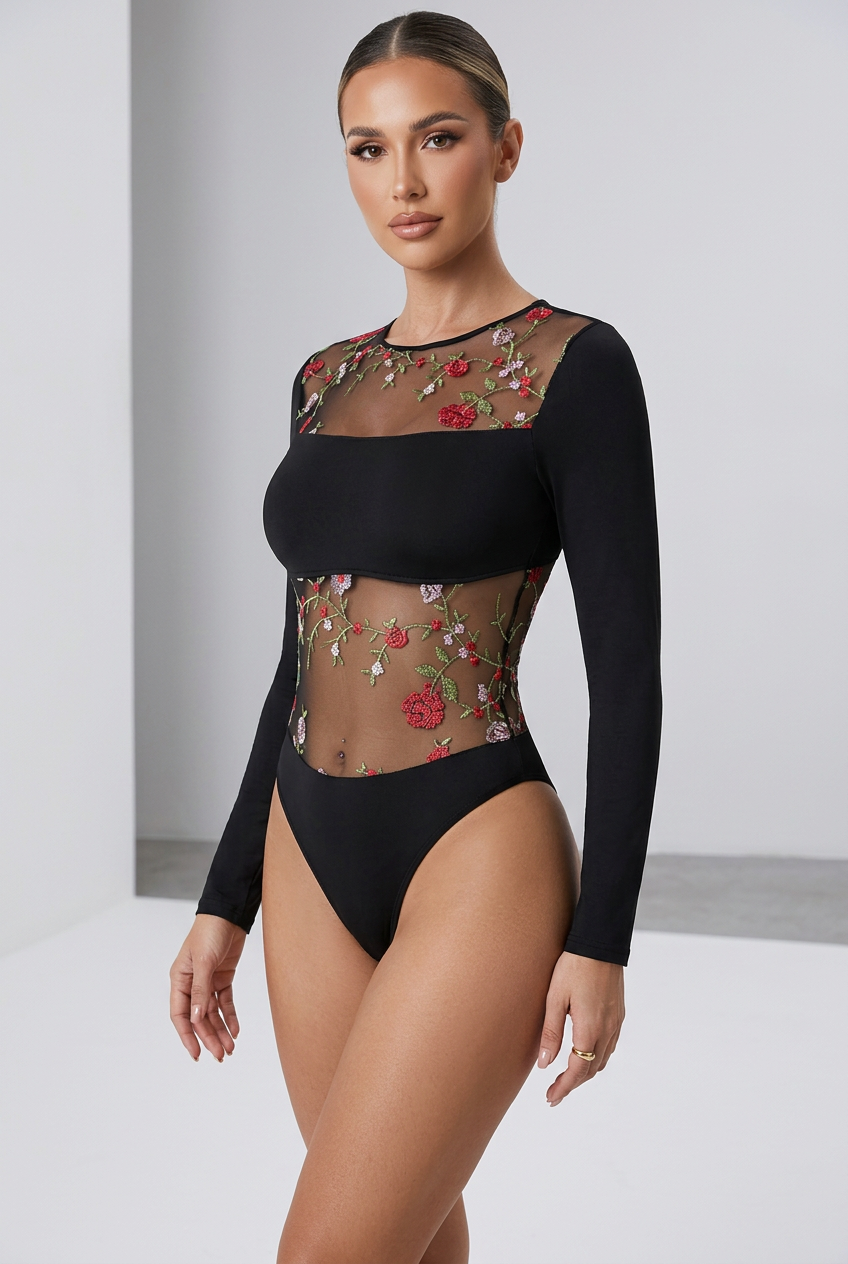 Mesh Transparent Embroidered Floral One Piece Long Sleeve Jumpsuit