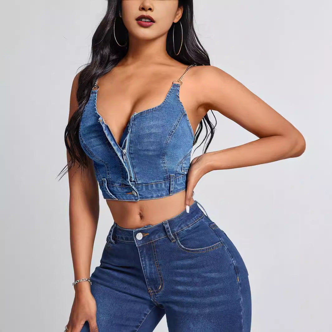 Deep V Plunge neck Backless Denim Camisole