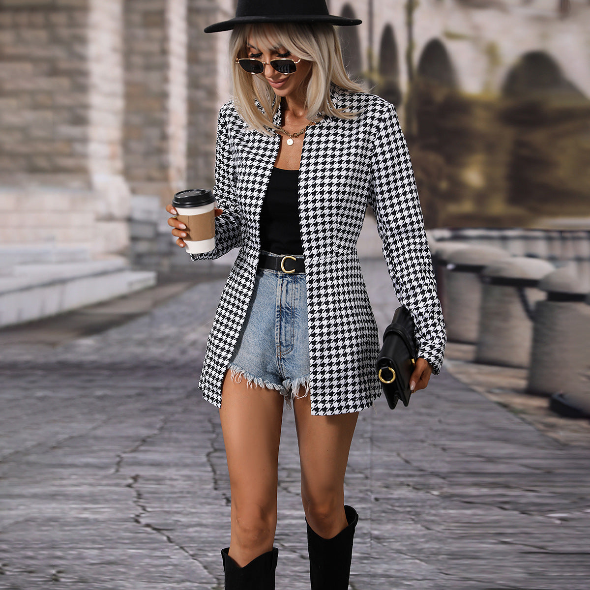 Houndstooth Long Sleeved Coat
