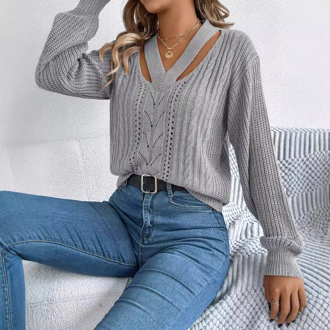 Hollow Cutout V Neck Pullover Sweater