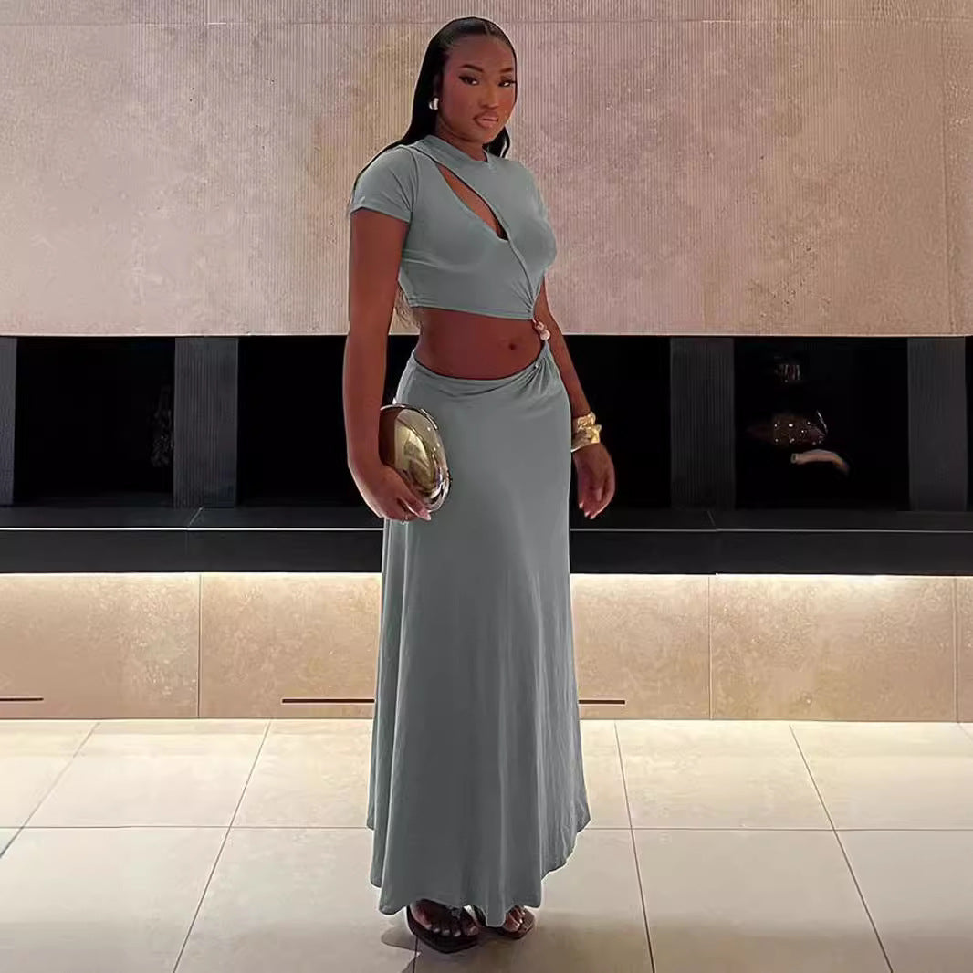 Chest Slit Beaded Cropped Short Sleeve Maxi Skirt Set