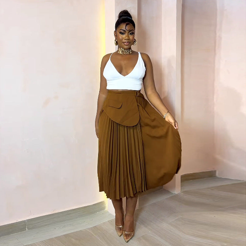 High Waist Pleated Mid Length A line Skirt