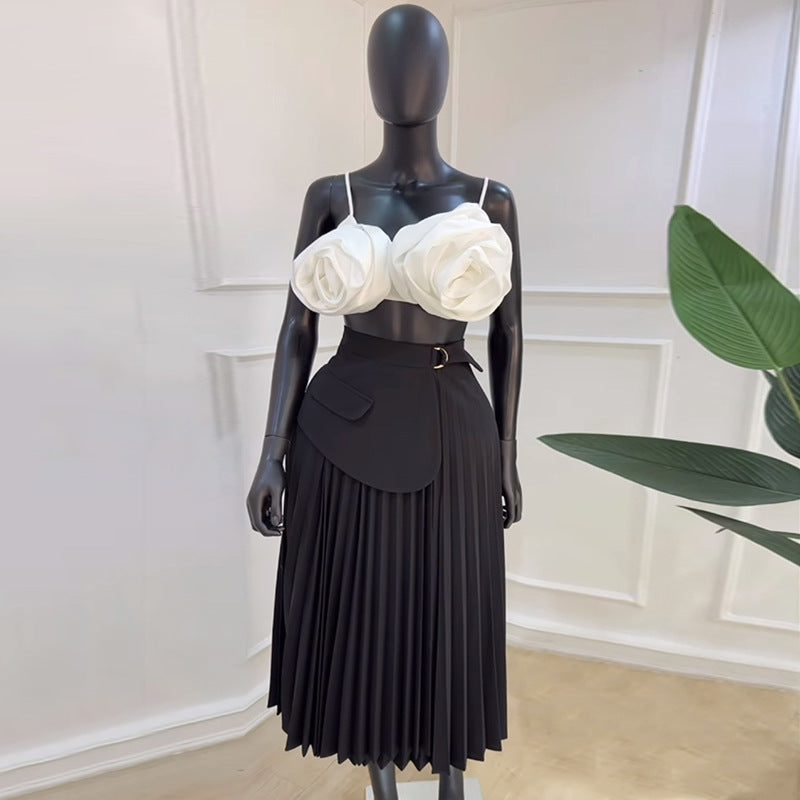 High Waist Pleated Mid Length A line Skirt