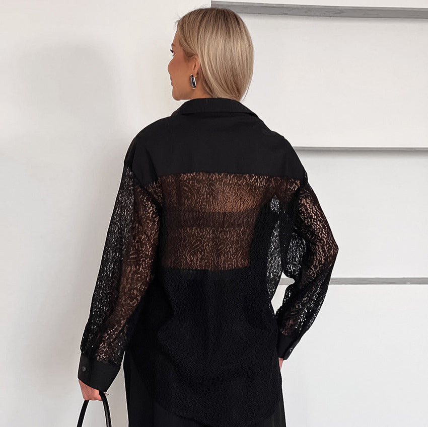 Lace Stitching Cutout Collared Shirt