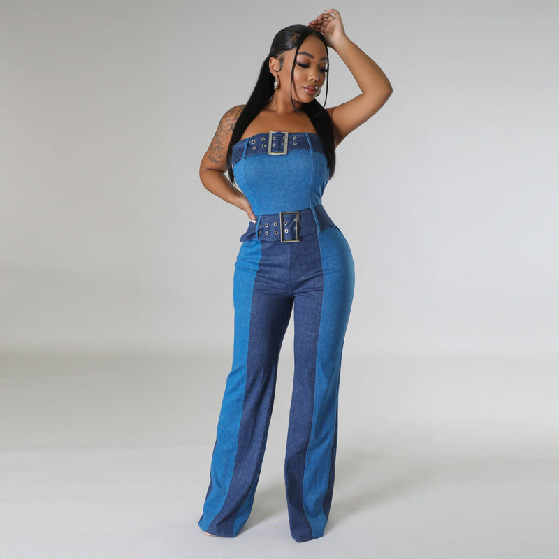 Patchwork Tube Top Denim Jumpsuit