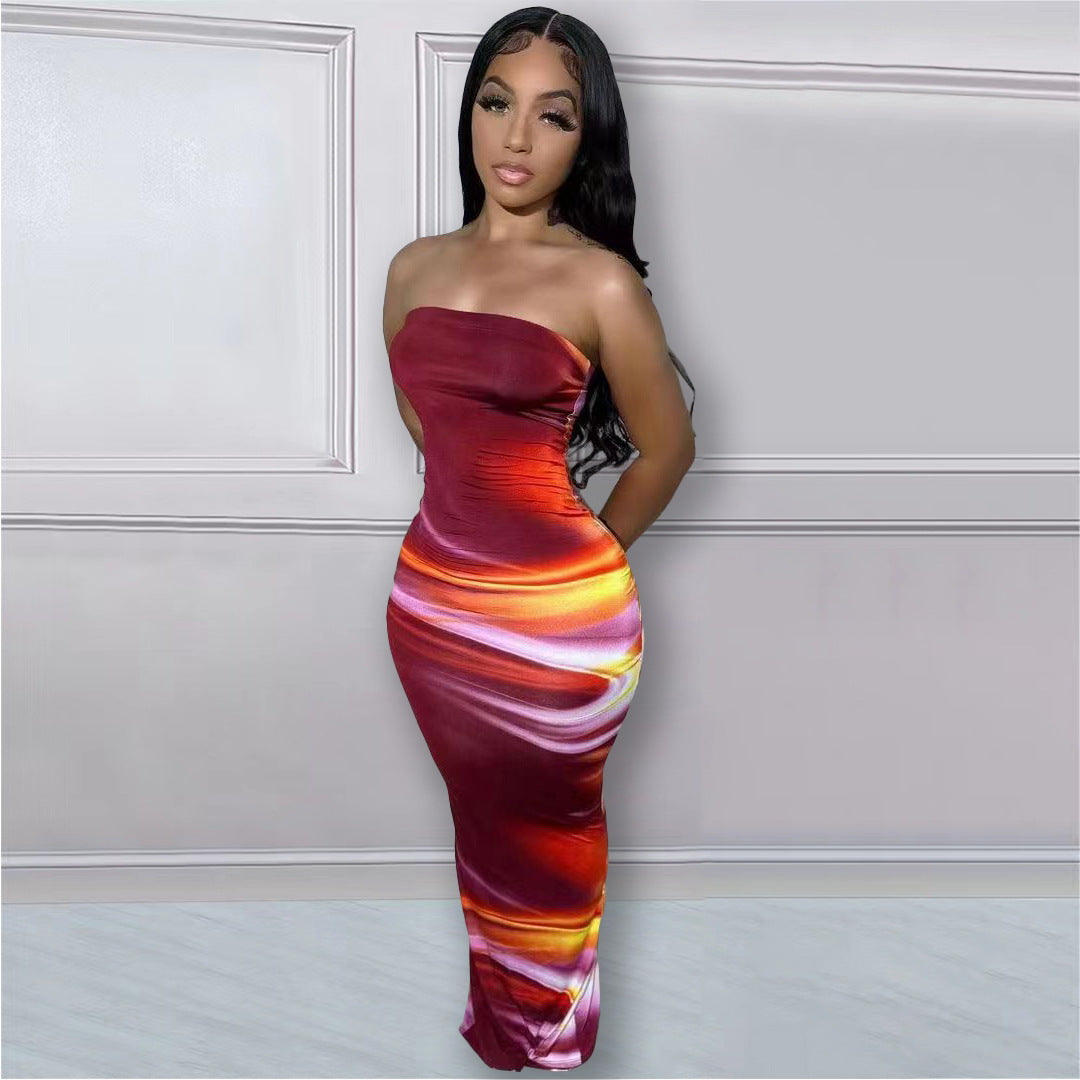 tube top fitted dress Elegant Tube Top Sleeveless Fitted Satin Stripe Long Formal Dress with WhenGirl