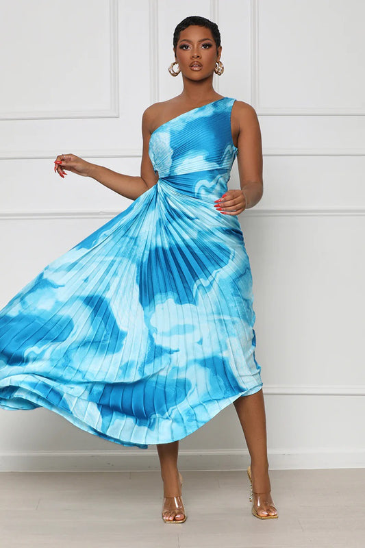 Hollow Out Cutout Printed Pleated Dress