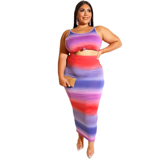 Plus Size Women Leopard Print Sling Mid-Length Dress Set Skinny Sheath Sexy Two-Piece Suit