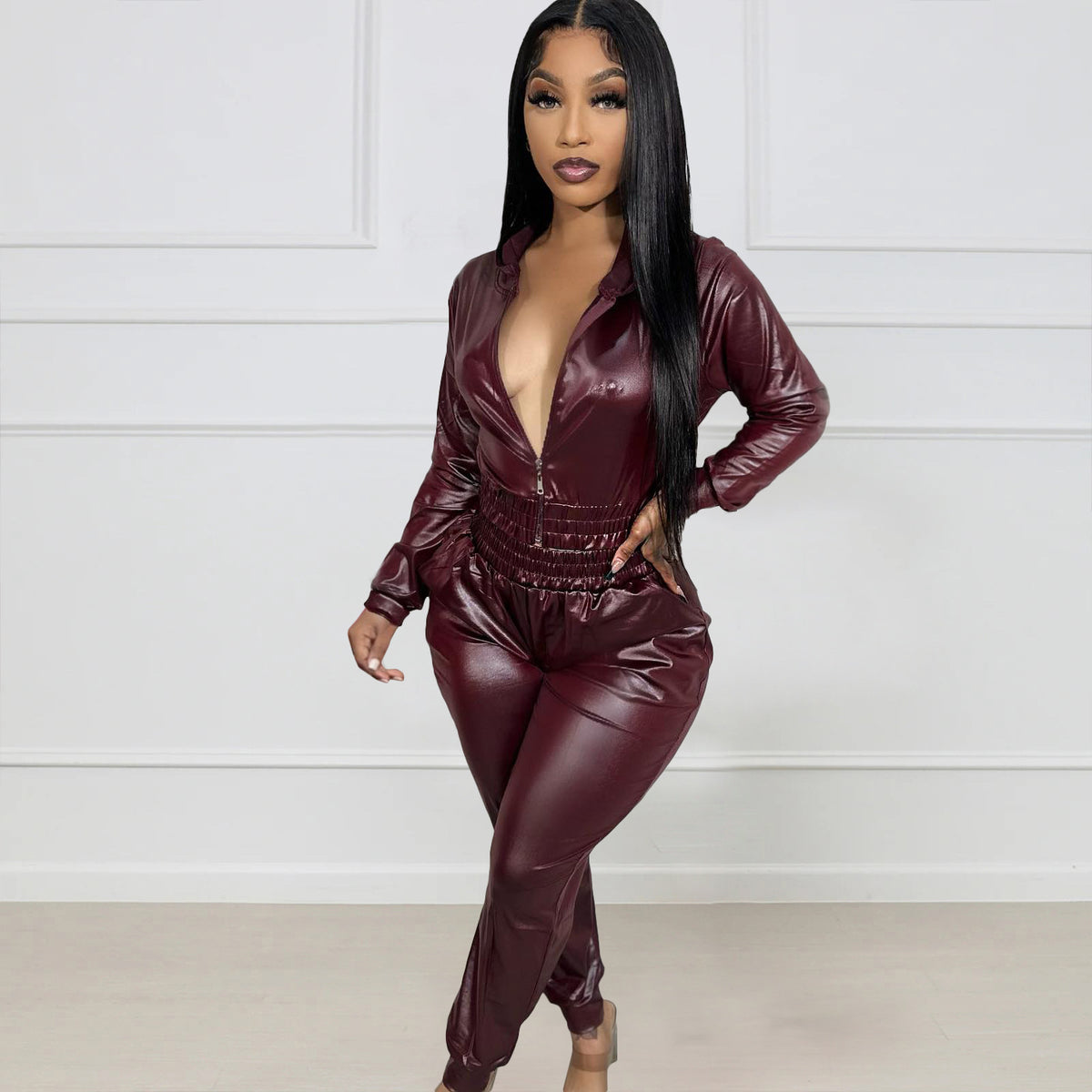 Faux Leather Casual Suit Two Piece Set