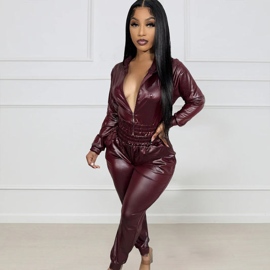 Faux Leather Casual Suit Two Piece Set