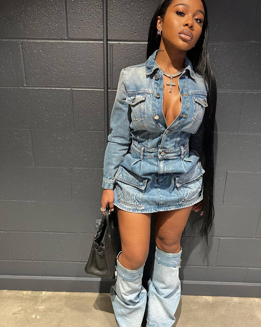 Multi Pocket Washed Denim Dress Three Piece Set Including Trousers