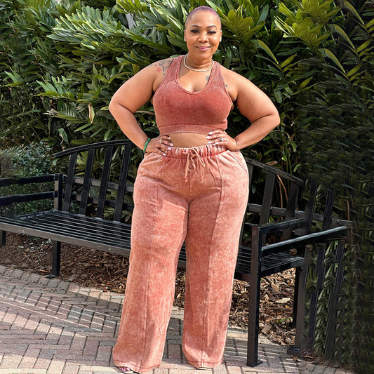 Cropped Top Elastic  Wide Leg Pants Set