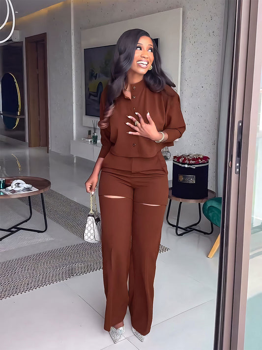 Cardigan Top High Waist Trousers Two Piece Suit