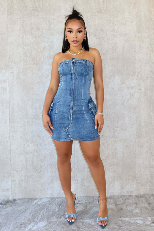 Tube Top Wash Button Stretch Denim Dress