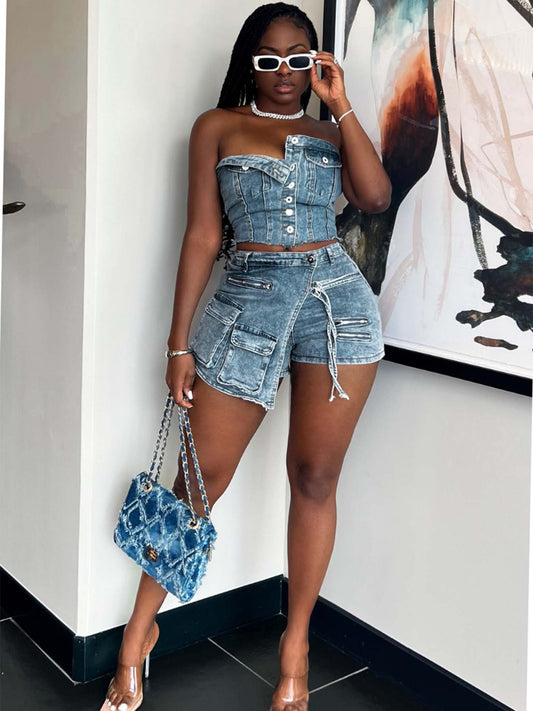 Chest Wrapped Cargo Shorts Denim Set