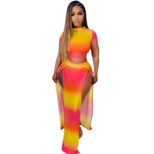 Gradient Contrast Split Skirt Two Piece Set