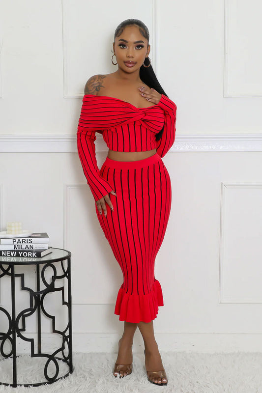 Twisted Long sleeve Off Shoulder Skirt Set