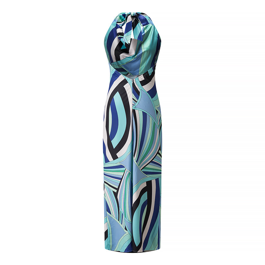 Printed Swing Collar Pleated Maxi Dress