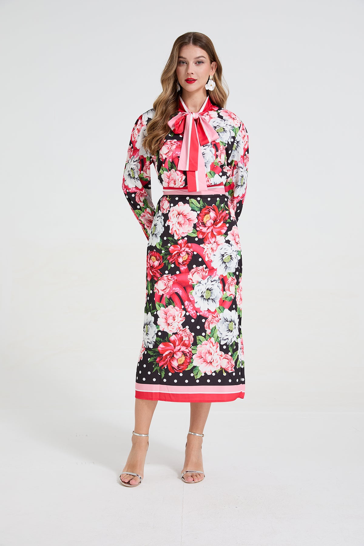 Polka Dot Shirt And Midi Skirt Set